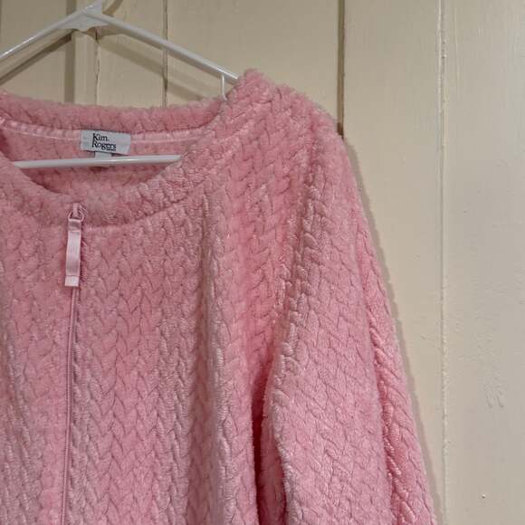 Kim Rogers Pink Plush Zip-Front Robe, Chevron Texture Housecoat sz M - Picture 3 of 10